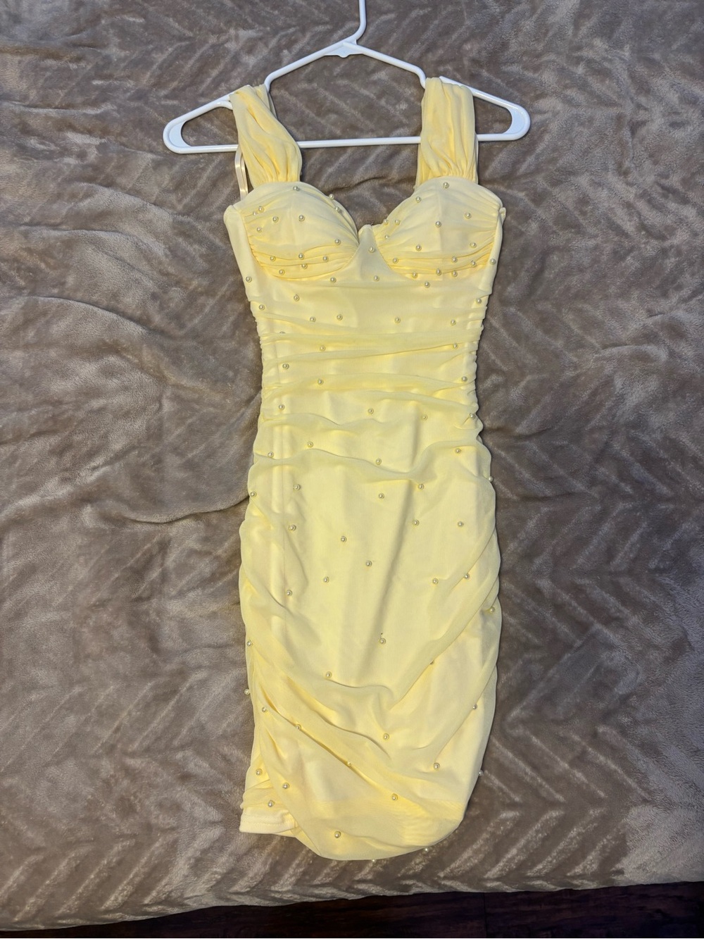 Windsor Butter Yellow Pearl Ruched Mini Dress